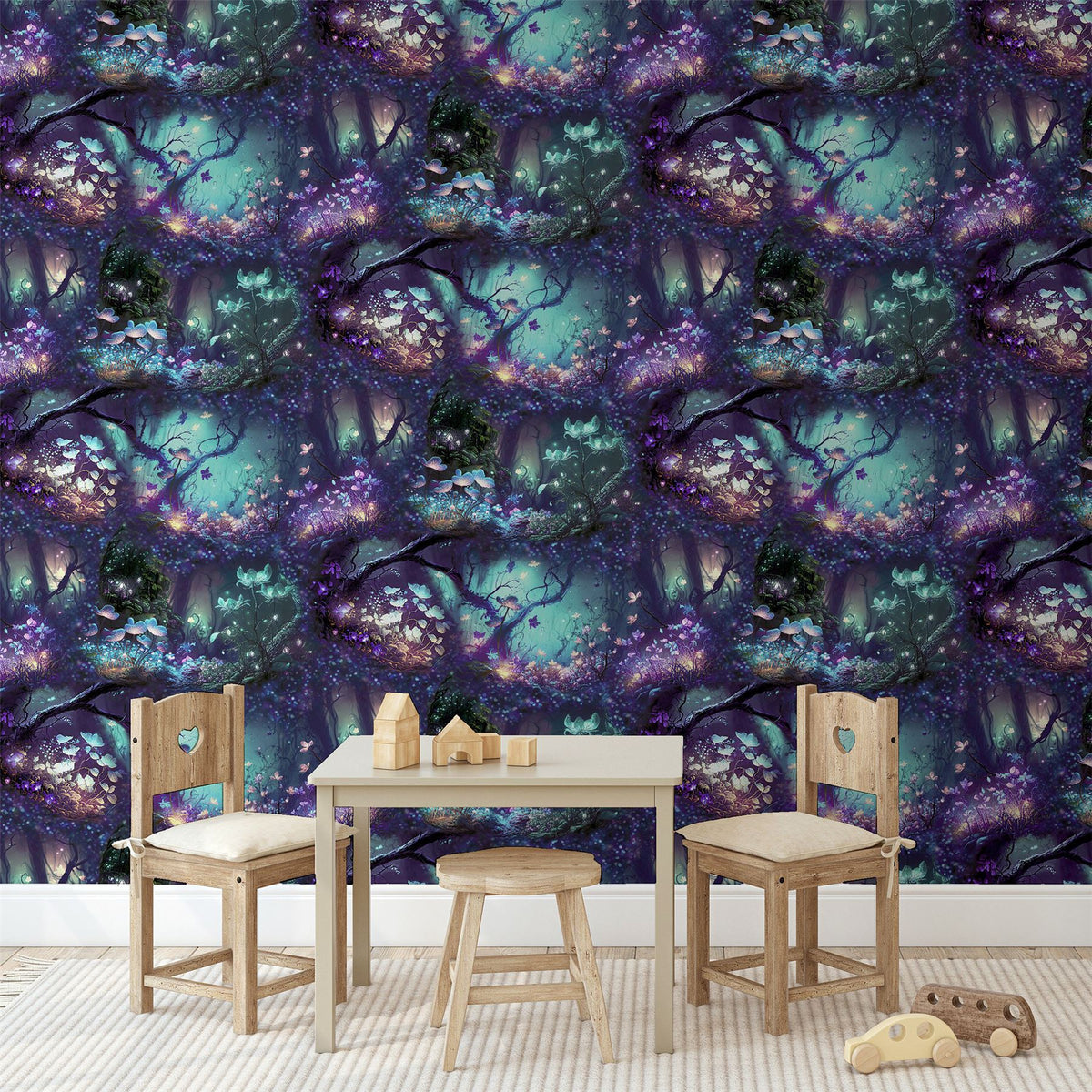 Arthouse Magical Garden Wallpaper with Neon Folk Forest Design – Kids Room Feature Wall, Black Multi