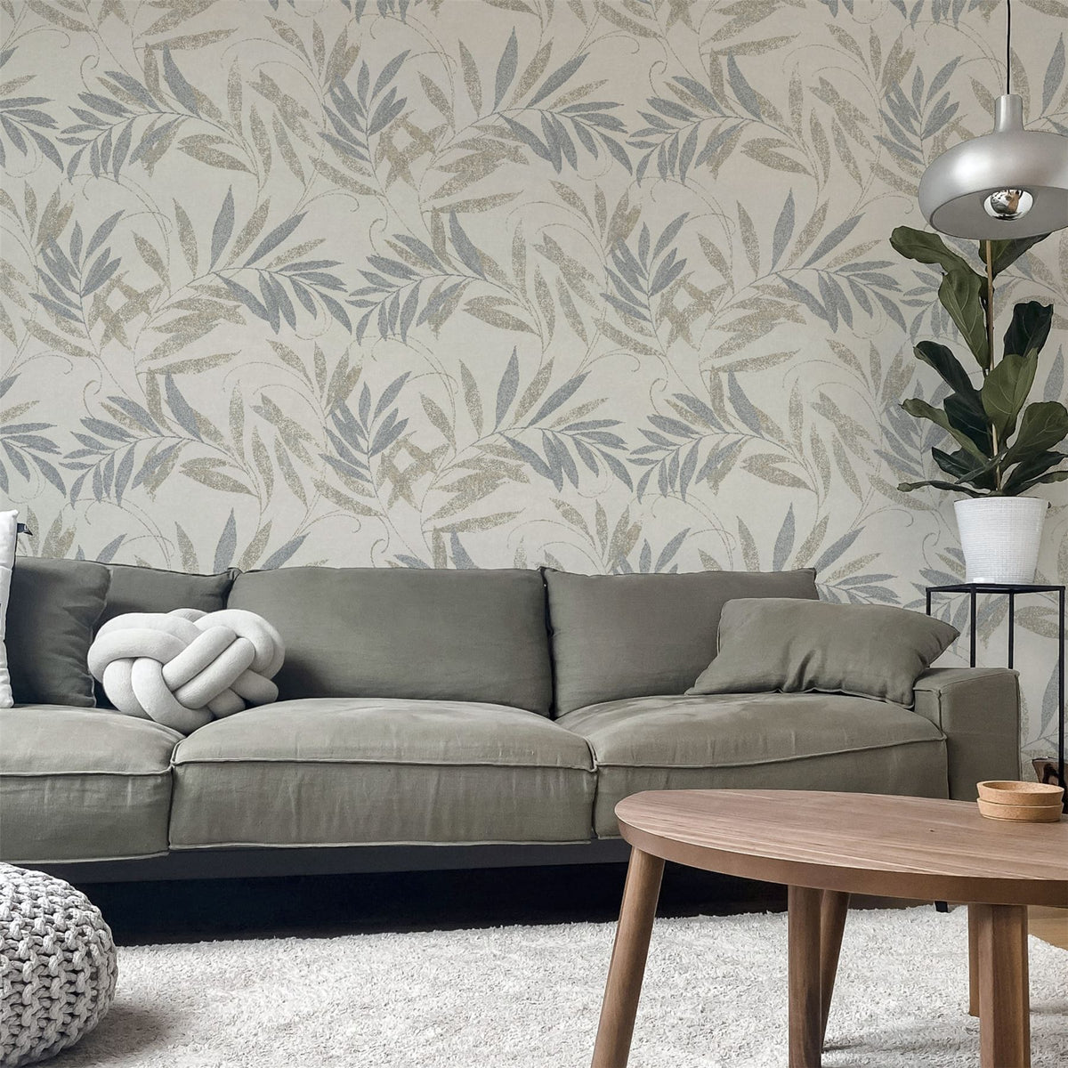 Arthouse Luxury Leaf Heavyweight Vinyl Wallpaper – Calming Soft Grey Leaf Design on Light Cream, Natural Grey