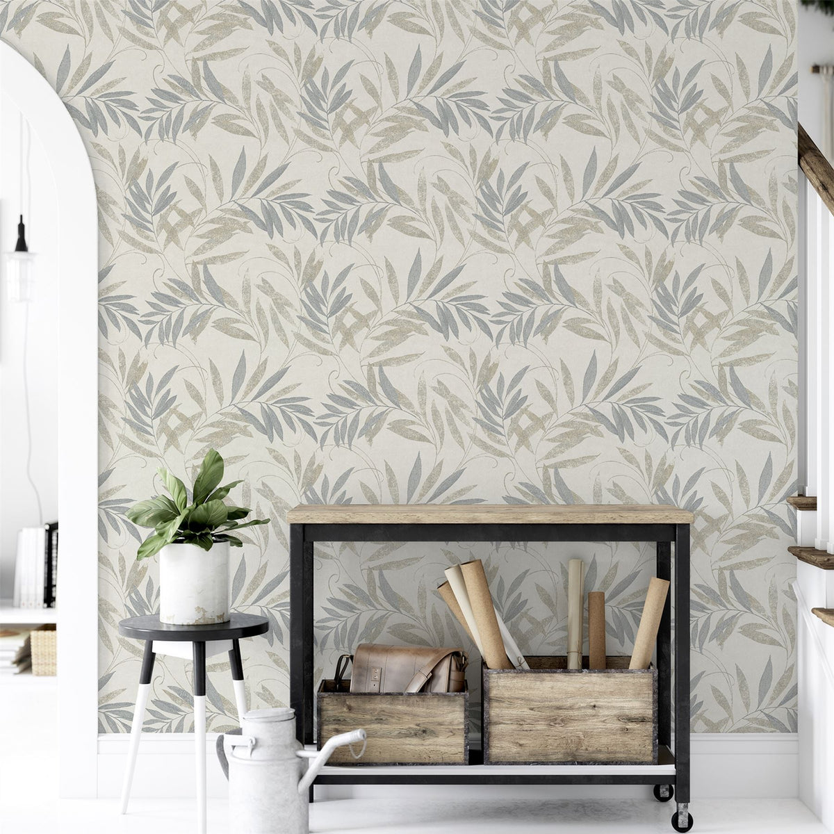 Arthouse Luxury Leaf Heavyweight Vinyl Wallpaper – Calming Soft Grey Leaf Design on Light Cream, Natural Grey