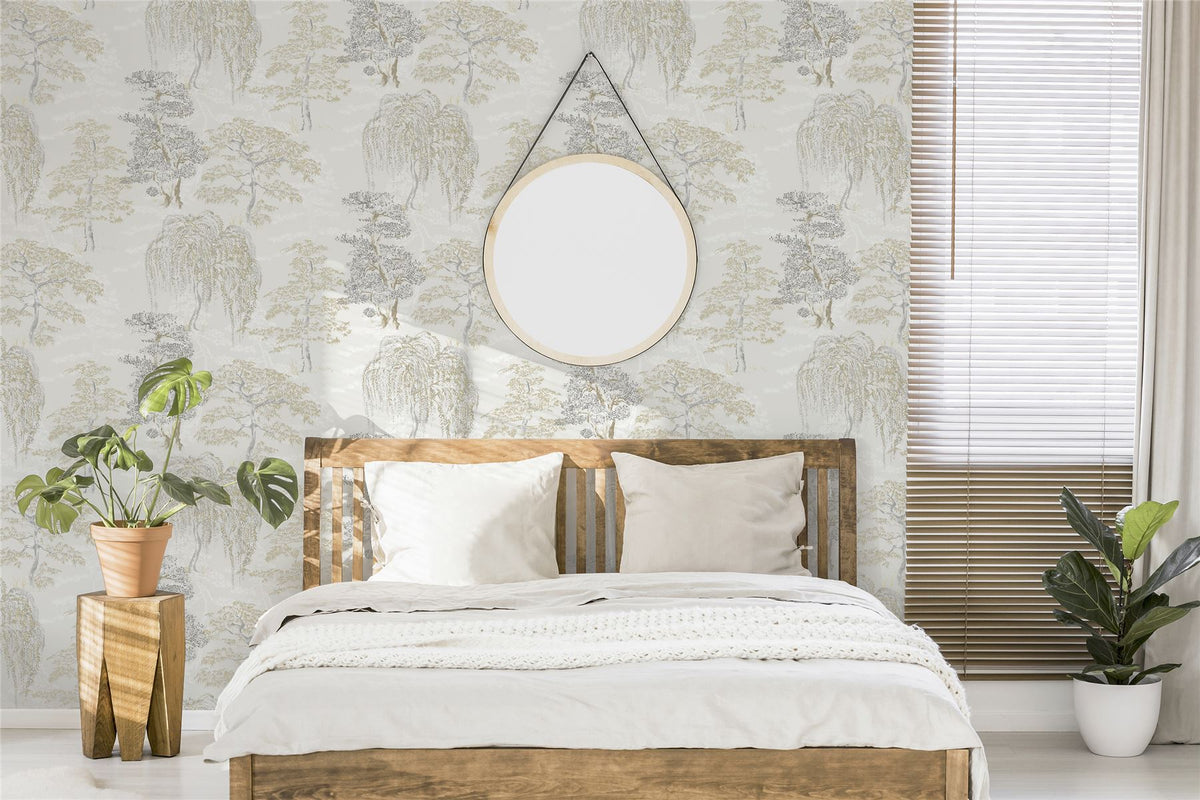 Arthouse Oriental Garden Wallpaper with Tree Design, Easy to Hang – Feature Wall or Whole Room, Natural