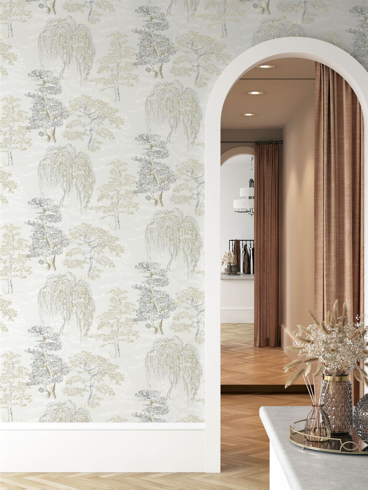 Arthouse Oriental Garden Wallpaper with Tree Design, Easy to Hang – Feature Wall or Whole Room, Natural