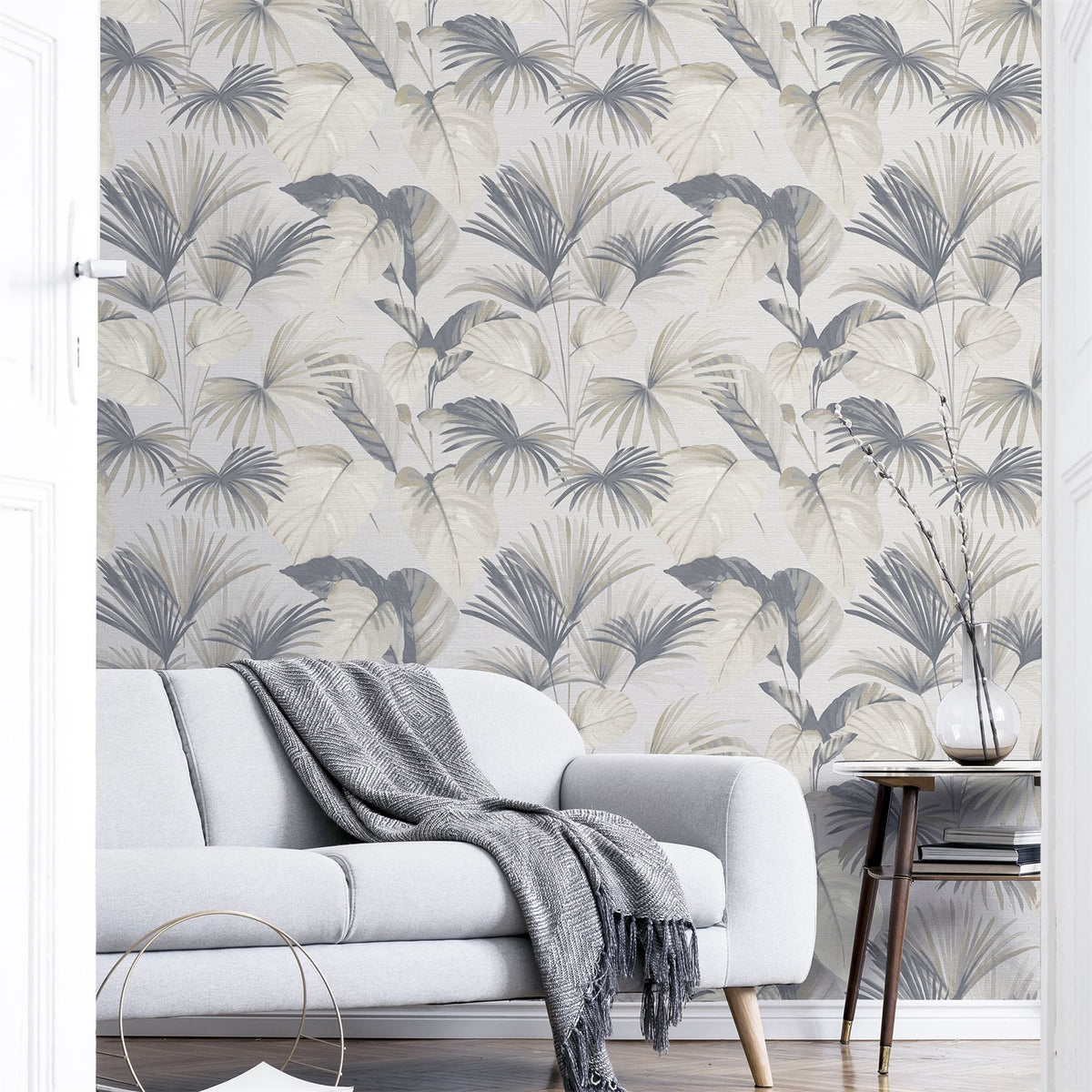 Arthouse Palm Grove Wallpaper with Palm Tree Design and Soft Matt Finish – Tropical Feature Wall, Natural