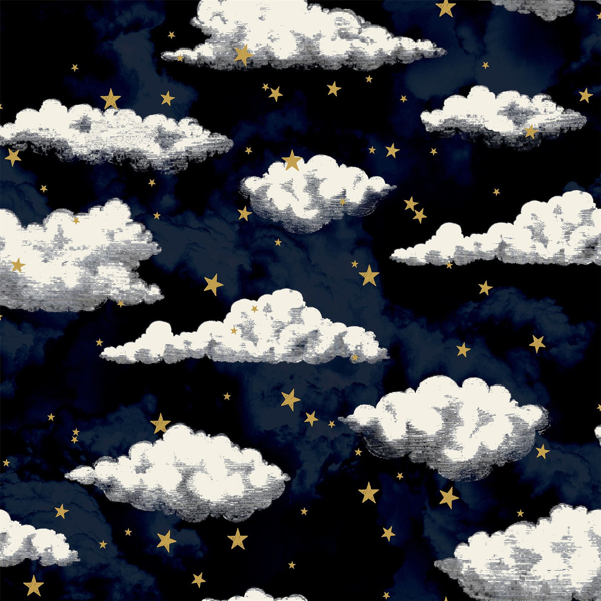 Arthouse Stars and Clouds Wallpaper with Gold Metallic Stars – Children's Nursery Design, Navy