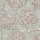 Arthouse Woodland Scene Wallpaper with Deer, Birds and Rabbits – Country Style Feature Wall, Sage Green
