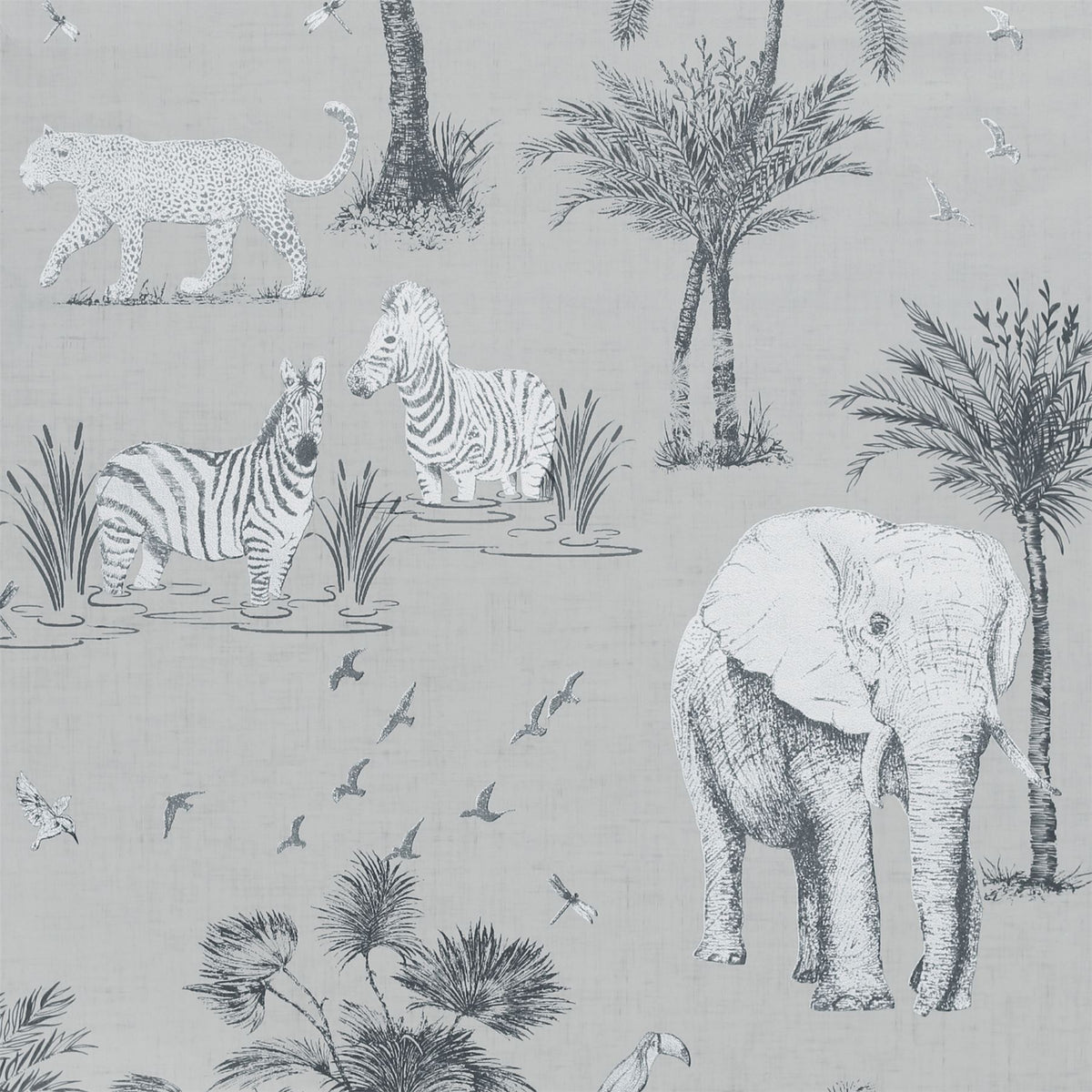 Arthouse Safari Lagoon Wallpaper with Hand-Drawn Safari Animals & Palm Trees – Linen-Look Feature Wall, Grey