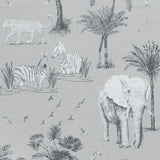Arthouse Safari Lagoon Wallpaper with Hand-Drawn Safari Animals & Palm Trees – Linen-Look Feature Wall, Grey