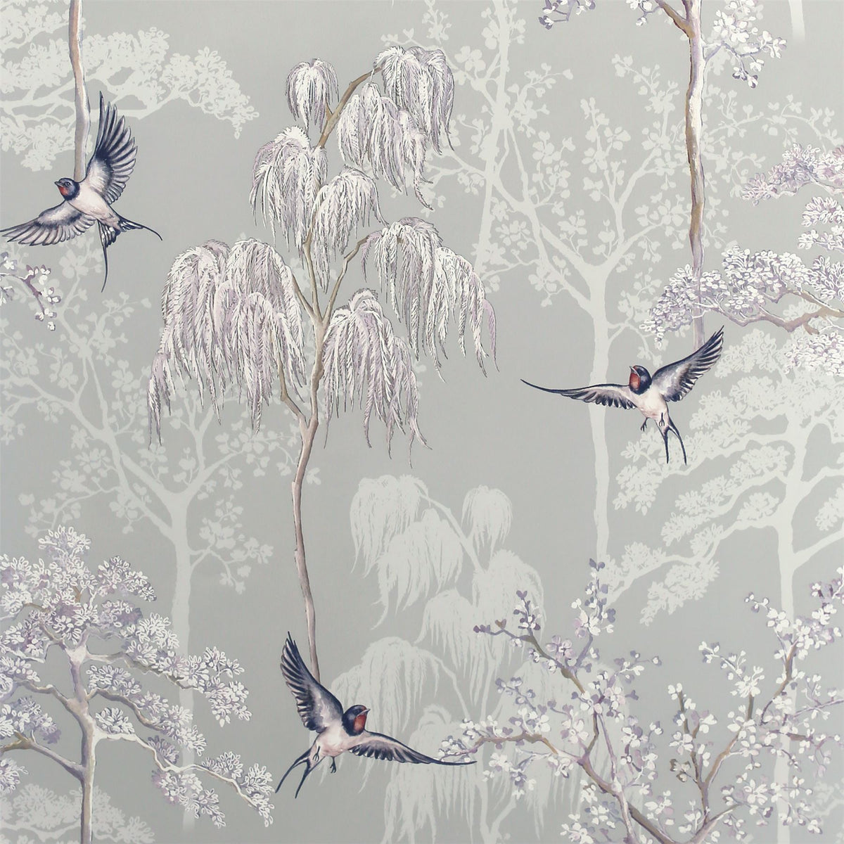 Arthouse Japanese Garden Wallpaper with Oriental Trees & Birds – Pearlescent Paste the Paper, Grey