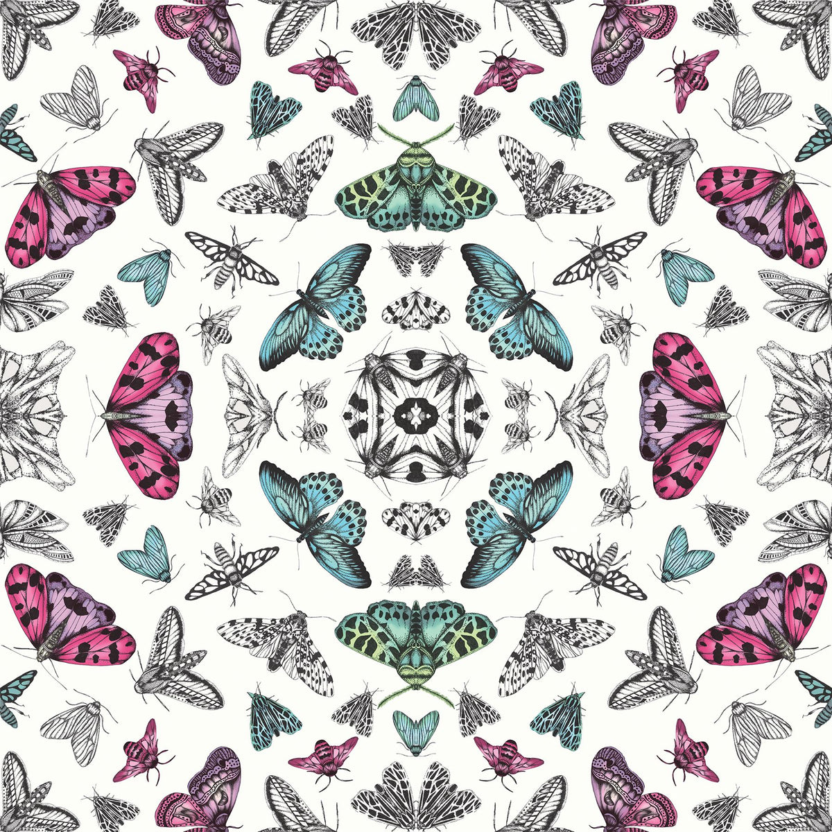 Arthouse Glitter Bug Wallpaper with Multi-Coloured Bugs & Butterflies – Playful Kaleidoscope Design, White