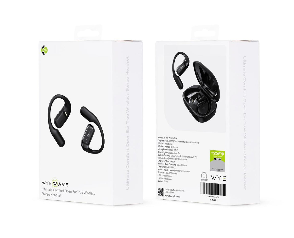 WYEWAVE Ultimate Comfort Open Ear True Wireless Stereo Headset with ENC Mics and USB-C Charging – Black