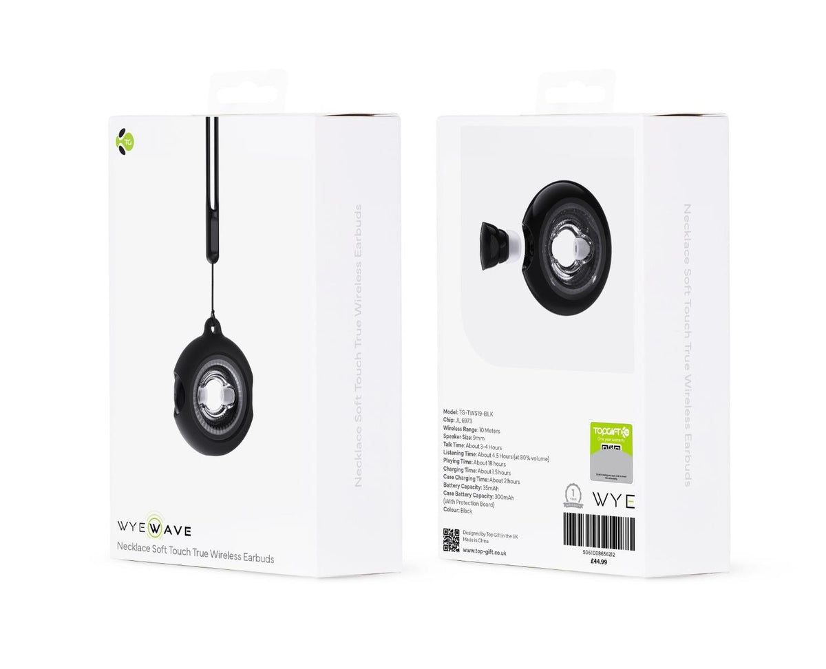 WYEWAVE True Wireless Earbuds with Charging Case and Necklace Strap – 18 Hour Playtime, Soft Touch, Black