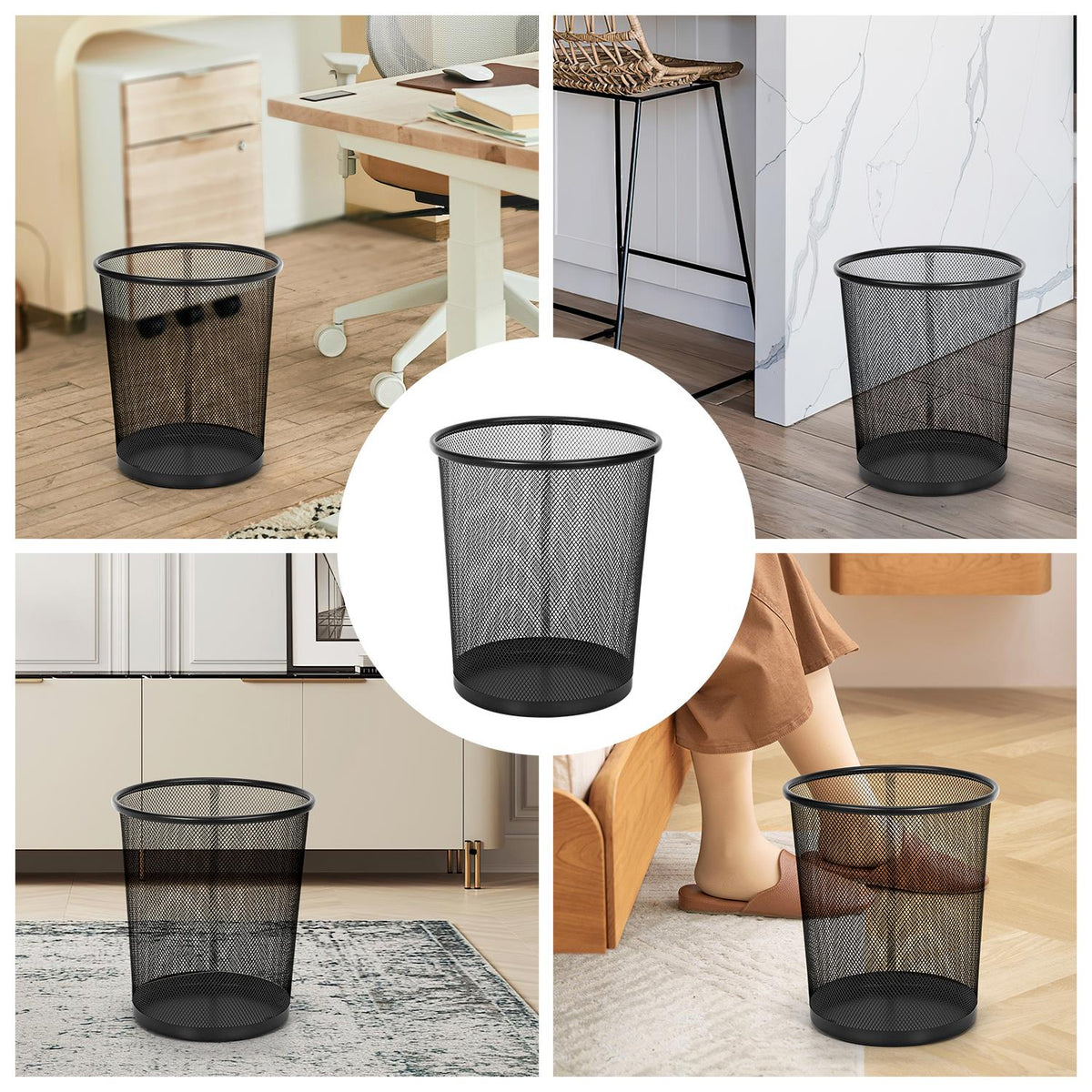 Vinsani 2-Piece Round Mesh Waste Bin Set – Lightweight Metal Wastebaskets for Office & Home, Black