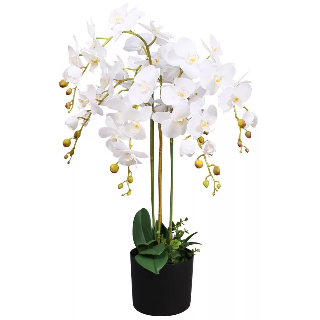 Artificial Deluxe Bush Orchid, 85cm with 56 White Flowers – Luxury Table Decoration in Black Pot
