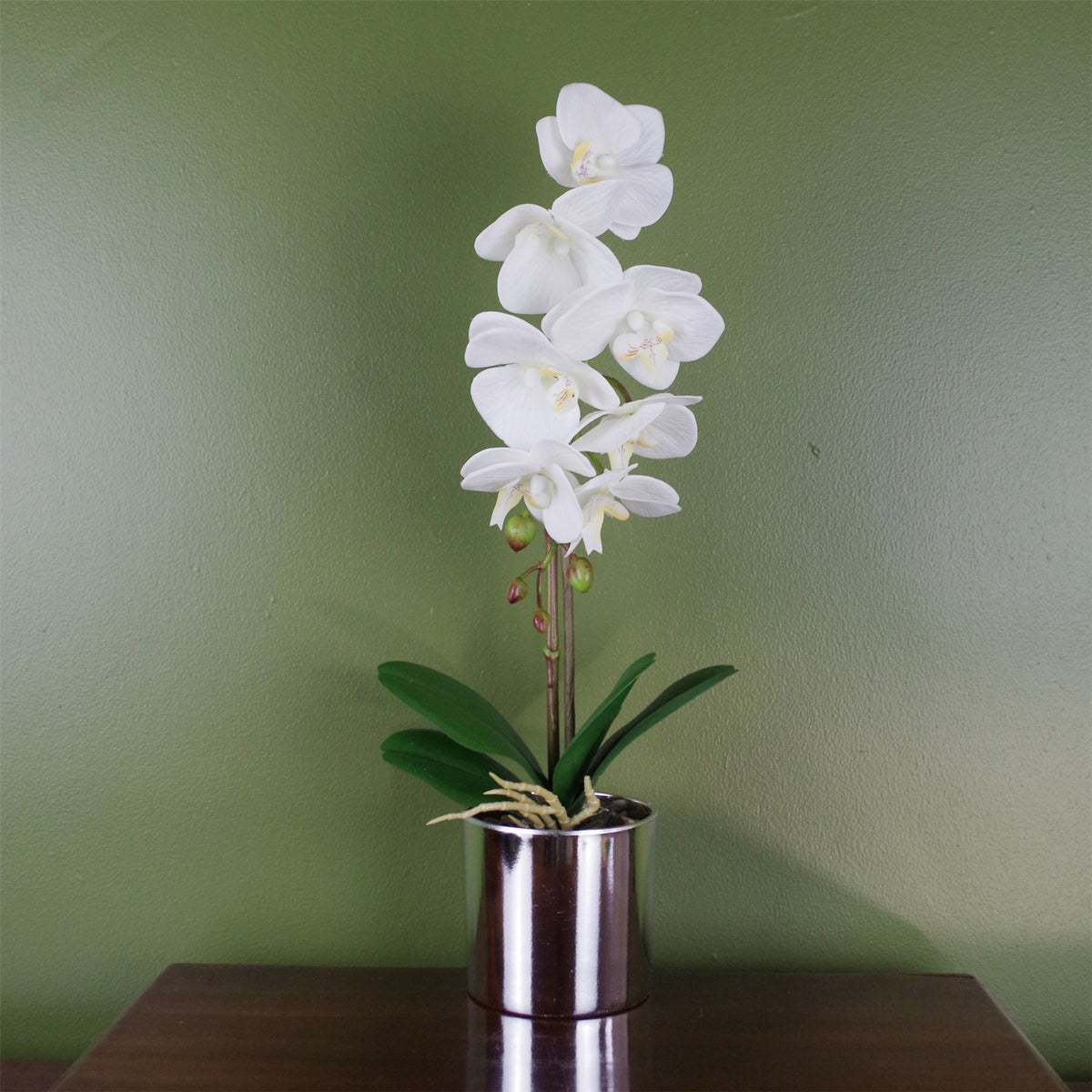 Leaf Artificial White Orchid in Silver Decorative Pot, 46cm – Real Touch Leaves, 7 Flowers