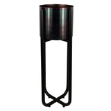 Tall Black Metal Planter Stand with Iridescent Rainbow Metal Planter, 62cm – Handcrafted Indoor Plant Display