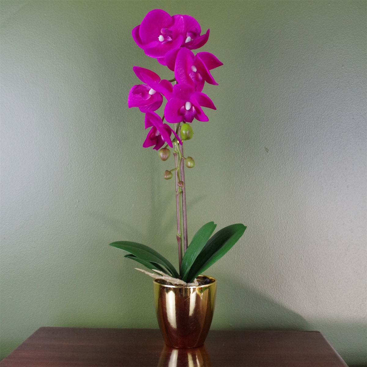 Artificial Orchid, 46cm with 6 Realistic Flowers & Real Touch Leaves – Decorative Gold Pot, Dark Pink