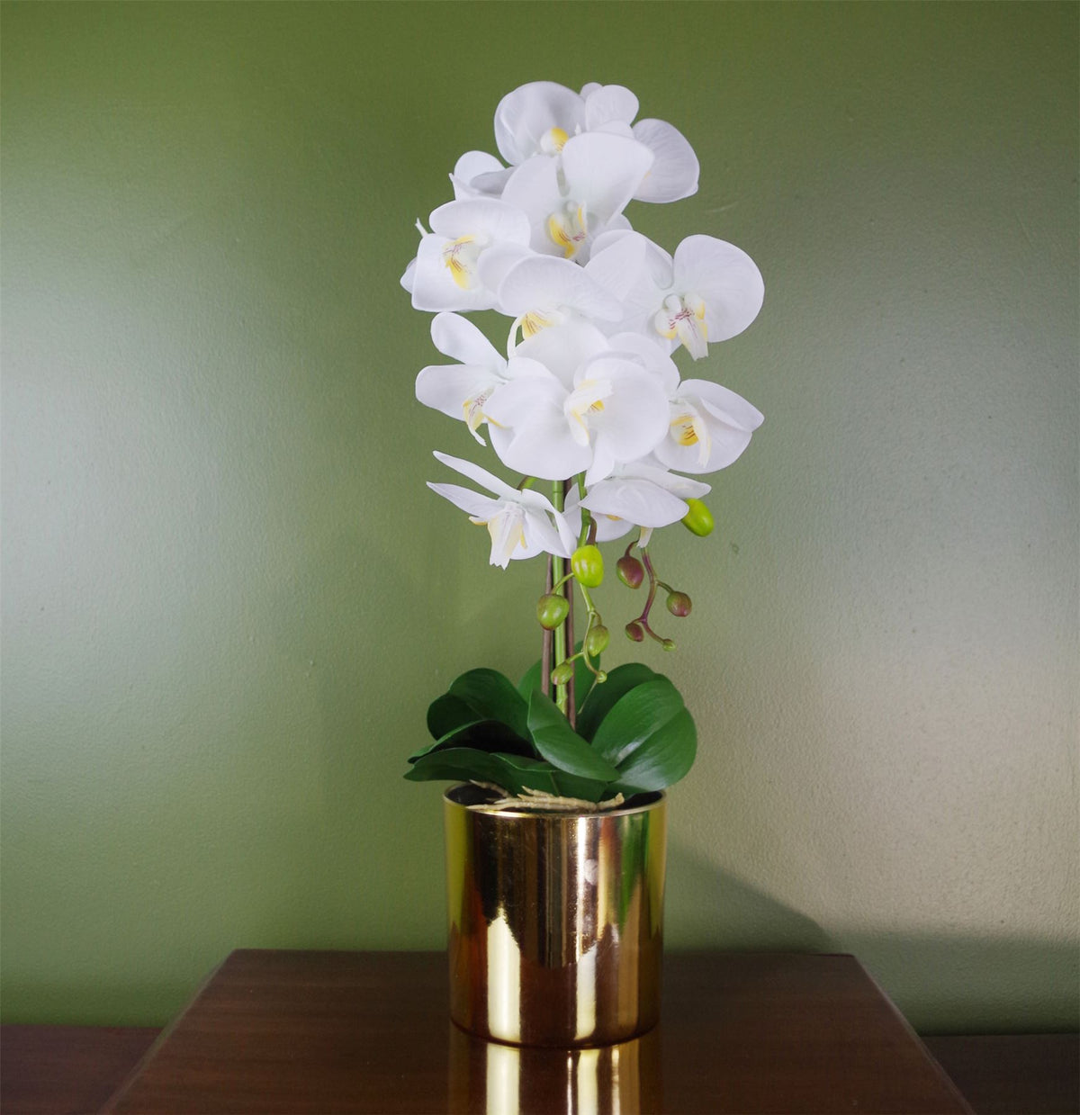 Large Artificial Orchid, 52cm with 14 Realistic Flowers & Real Touch Leaves – Gold Decorative Pot, White
