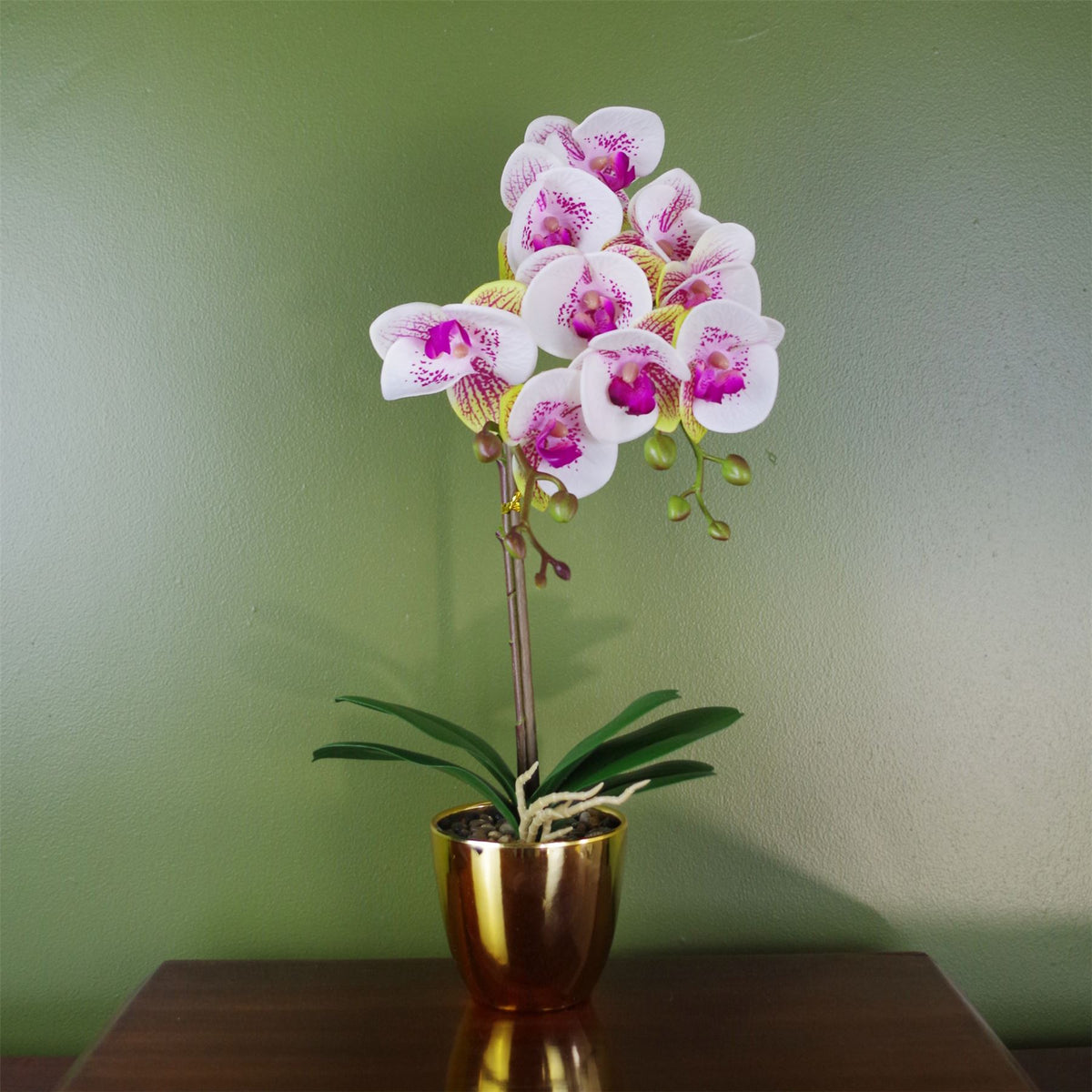 Leaf Artificial Harlequin Orchid with Real Touch Flowers in Gold Pot – Faux Plant Decor, Pink, 48cm