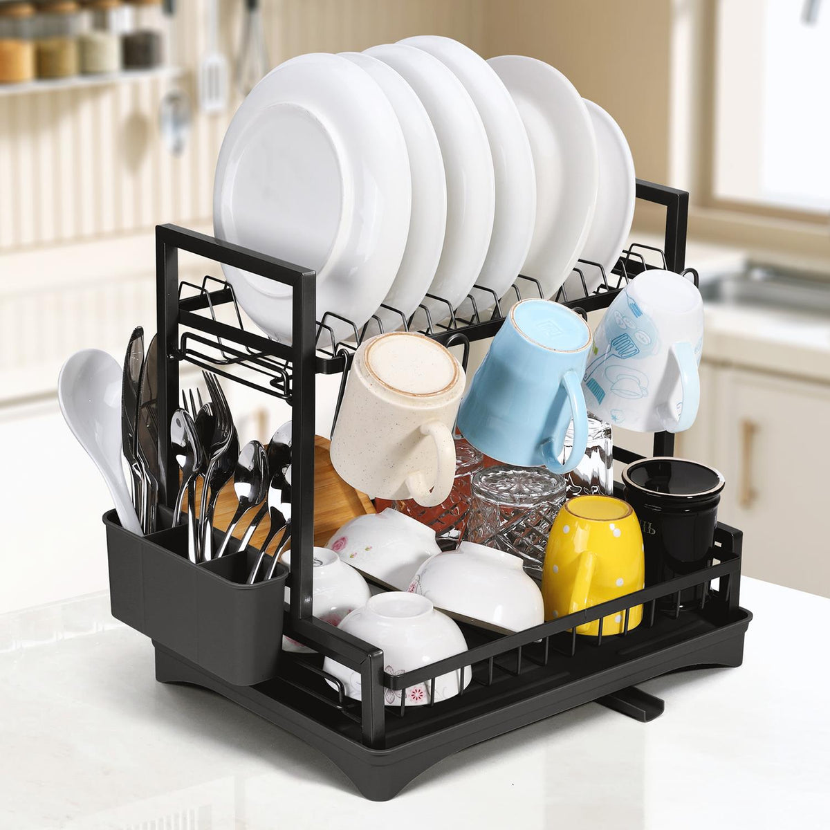 Vinsani 2-Tier Detachable Dish Drainer – Space-Saving Vertical Kitchen Drying Rack, Black