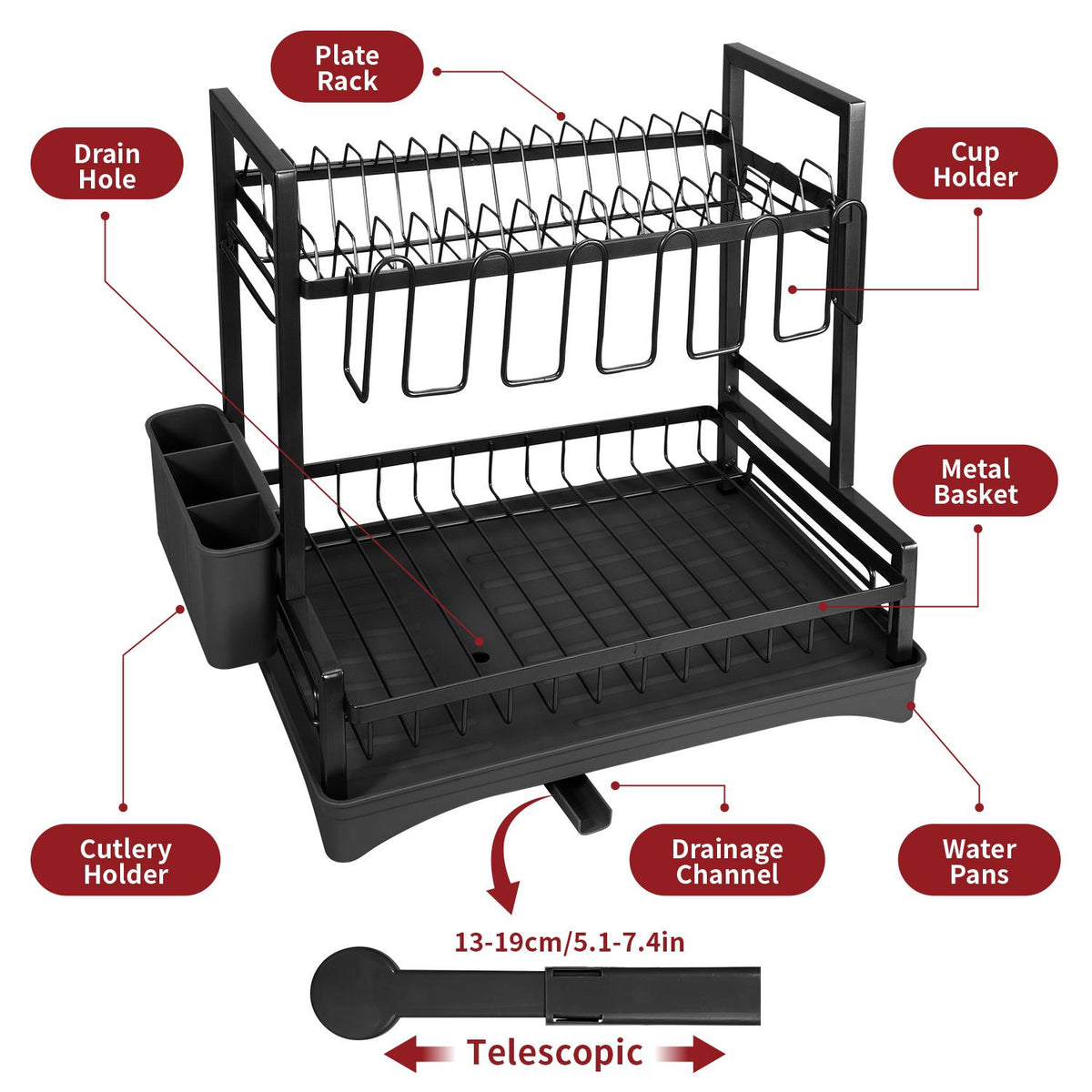 Vinsani 2-Tier Detachable Dish Drainer – Space-Saving Vertical Kitchen Drying Rack, Black