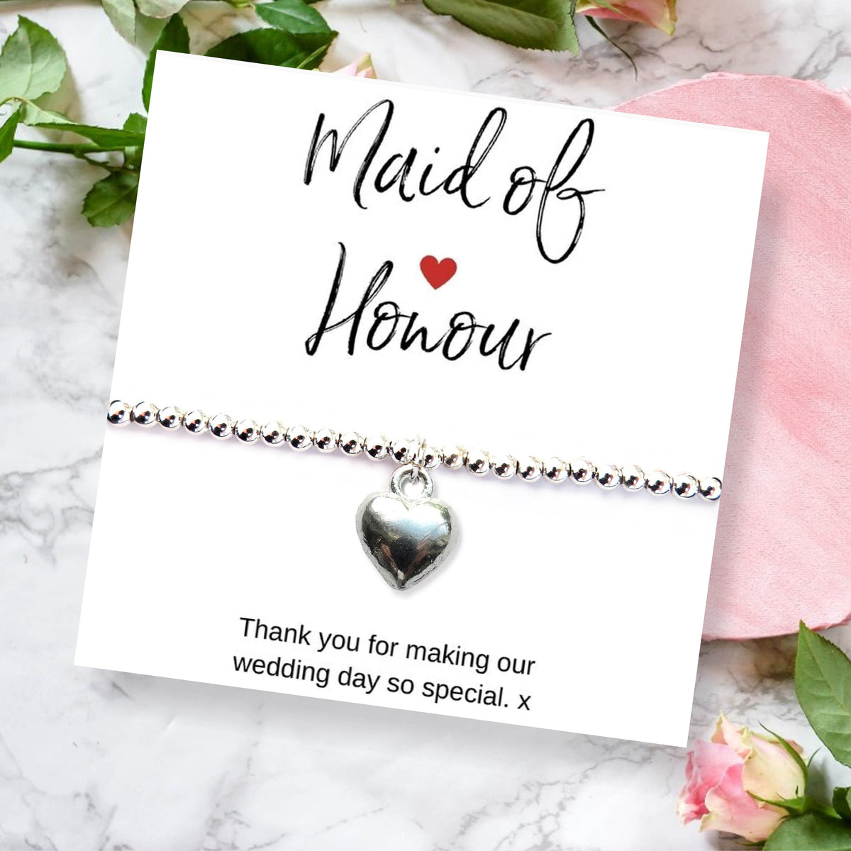 Aye Do Gifts Maid of Honour Silver Plated Puff Heart Bracelet & Thank You Card