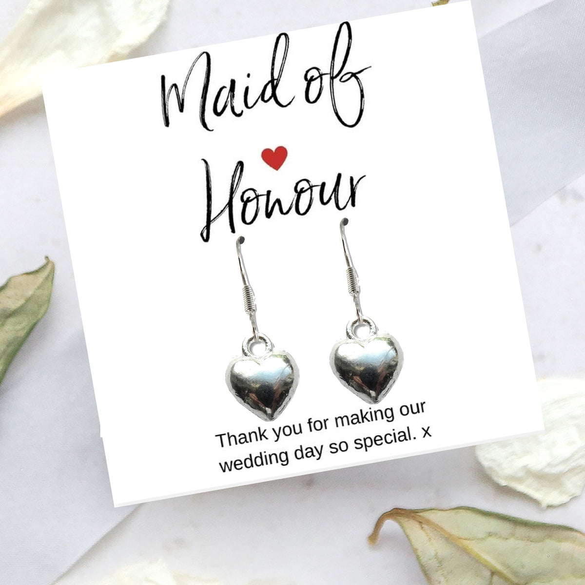 Aye Do Gifts Maid of Honour Puff Heart Drop Earrings & Thank You Card