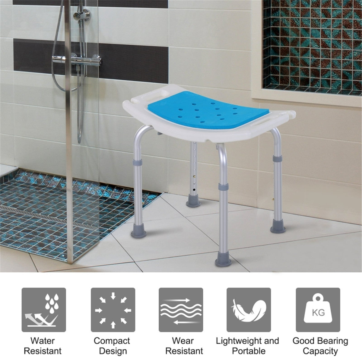 Aluminium Alloy Shower Chair with Side Handles, 6 Height Levels, 300lbs Capacity – Non-Slip Bath Stool