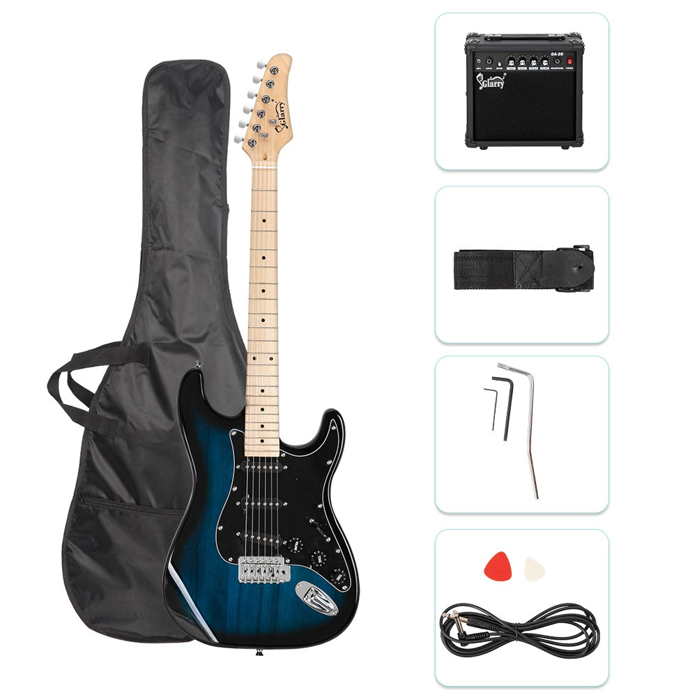 Glarry GST Electric Guitar Kit with 20W Amplifier, Bag & Strap – Beginner 6-String Guitar, Black Pickguard, Blue