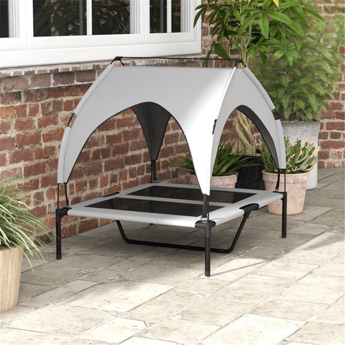 Elevated Pet Bed with Water-Resistant UV Canopy, Breathable Mesh & Travel Bag – Large Dogs, Light Grey