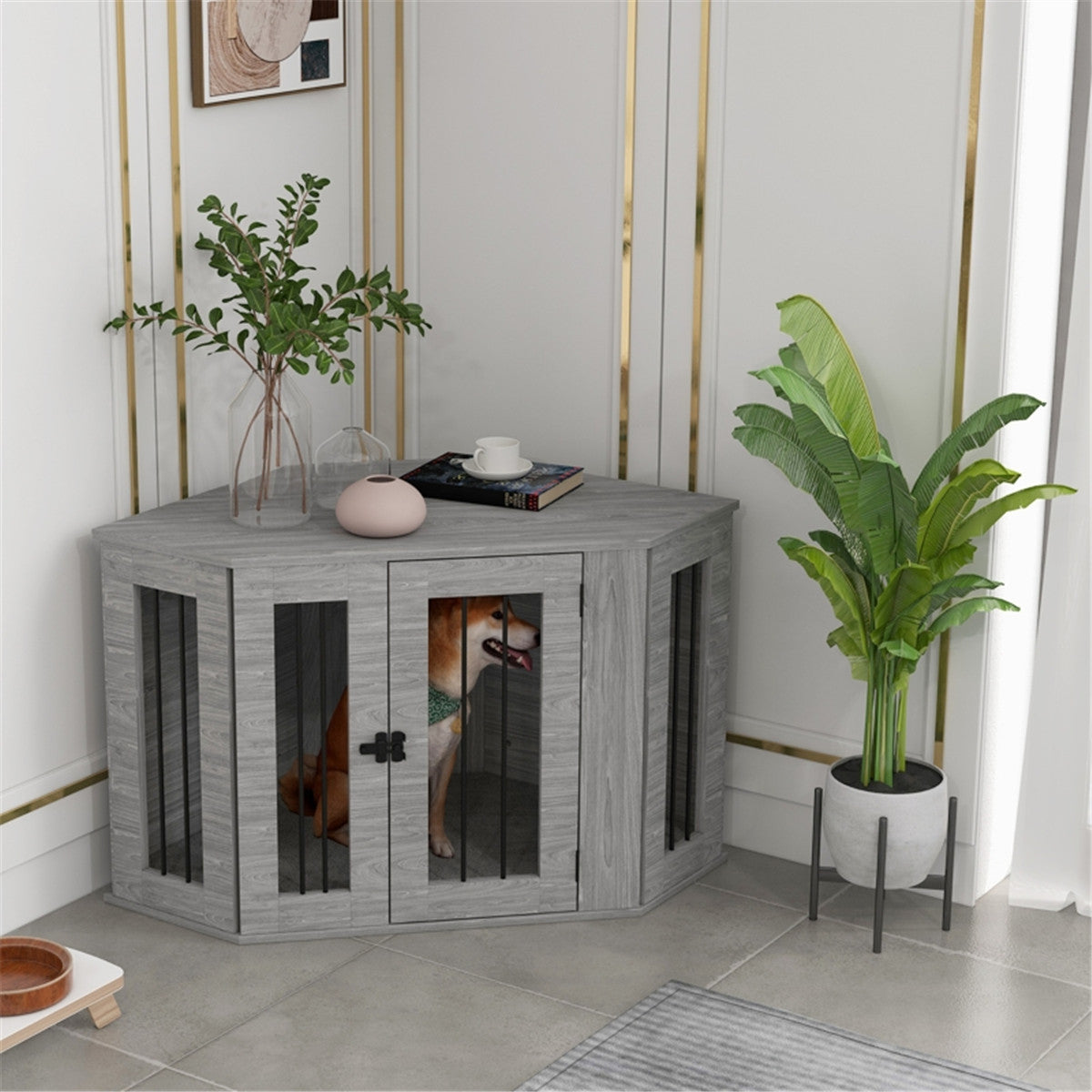 Dog Crate Furniture Side Table with Cushion & Large Entrance – For Medium Dogs up to 20kg, Grey