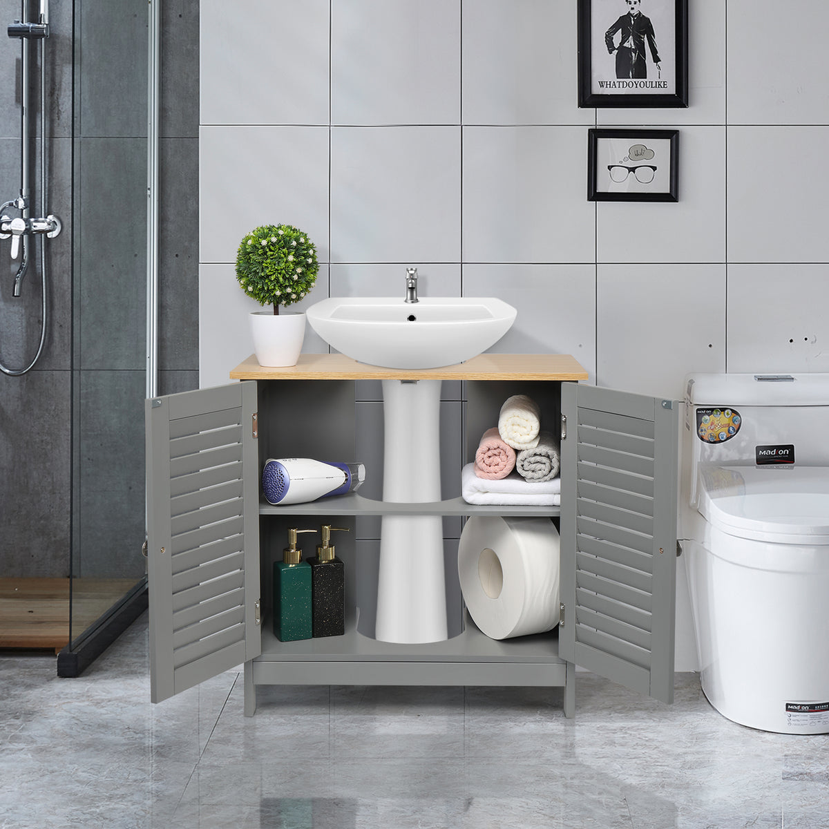 Modern Under-Sink Bathroom Cabinet with Double Slatted Doors, Waterproof MDF – Space-Saving Storage, Grey
