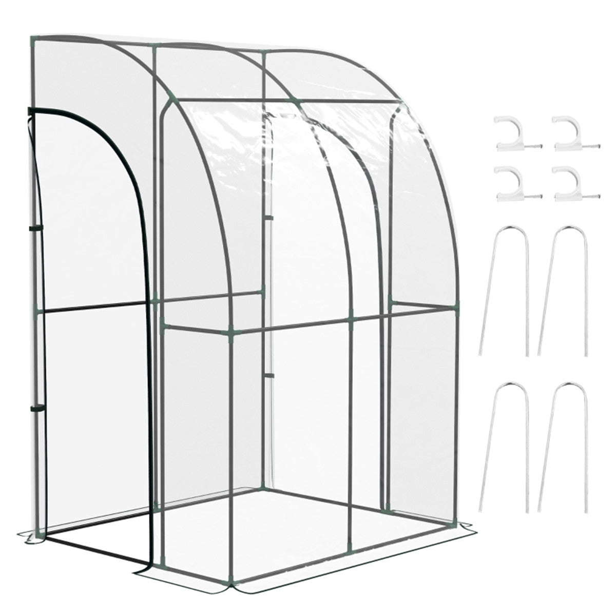 Walk-In Lean-To Wall Greenhouse with Steel Frame, Plastic Cover & 2 Zipped Doors – 143 x 118 x 212cm