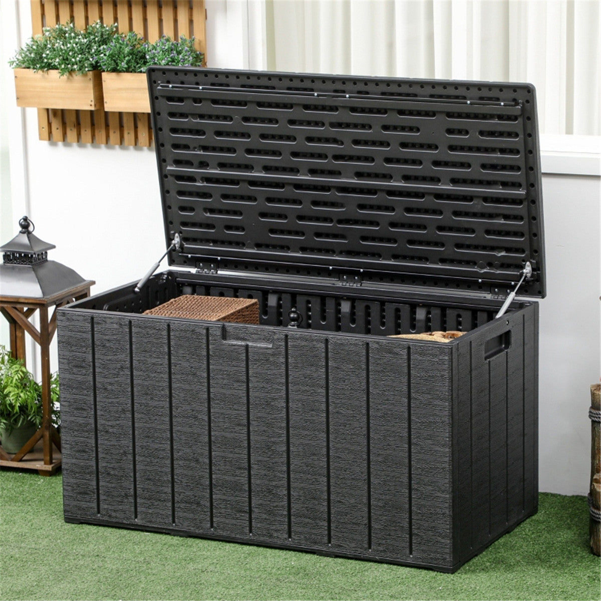 366L Outdoor Storage Box with Handles & Rollers – Double-Walled Weather-Resistant Plastic Chest, Black