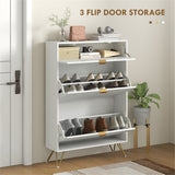Narrow Shoe Storage Cabinet with 2 Flip Drawers & Top Drawer – Slim Shoe Cupboard for 12 Pairs, White