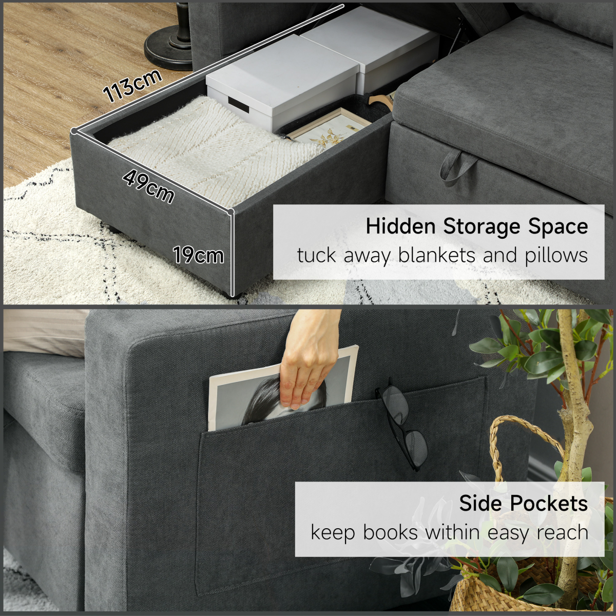 HOMCOM corner sofa bed side pockets detail