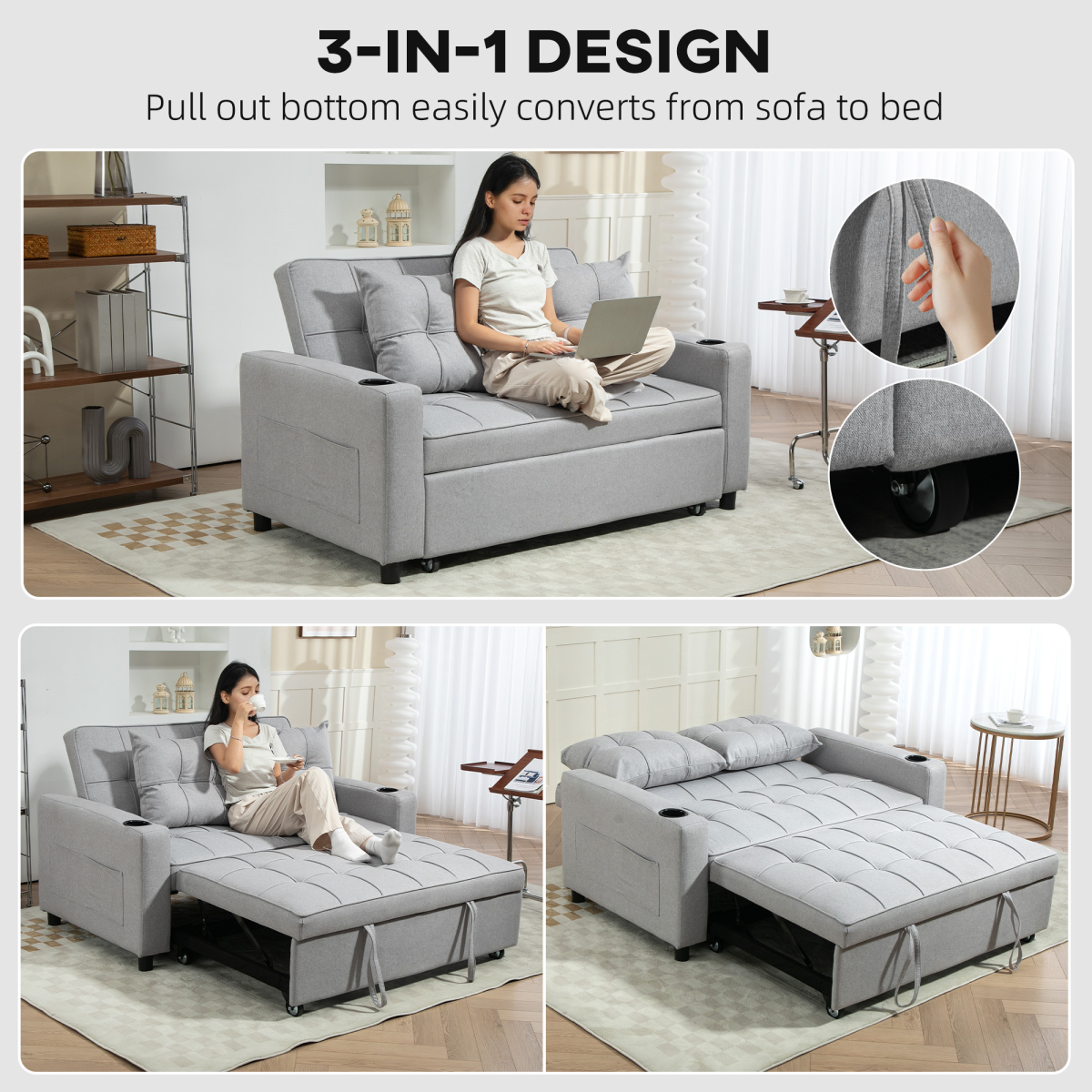 HOMCOM sofa bed side pockets holding remote and phone