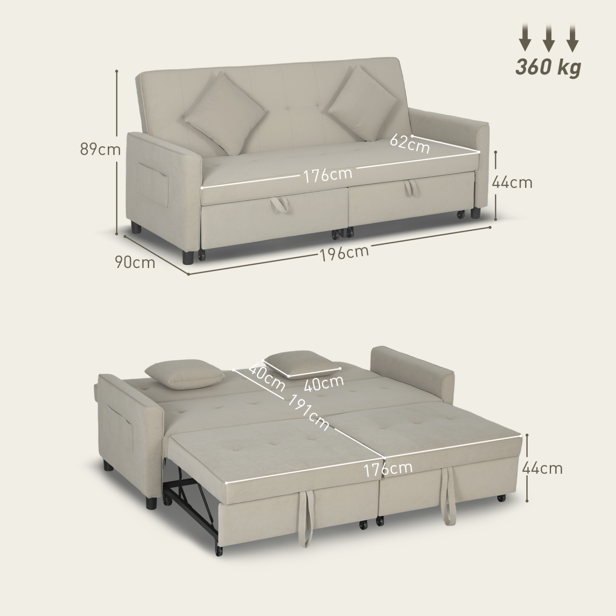 HOMCOM sofa bed with two pillows