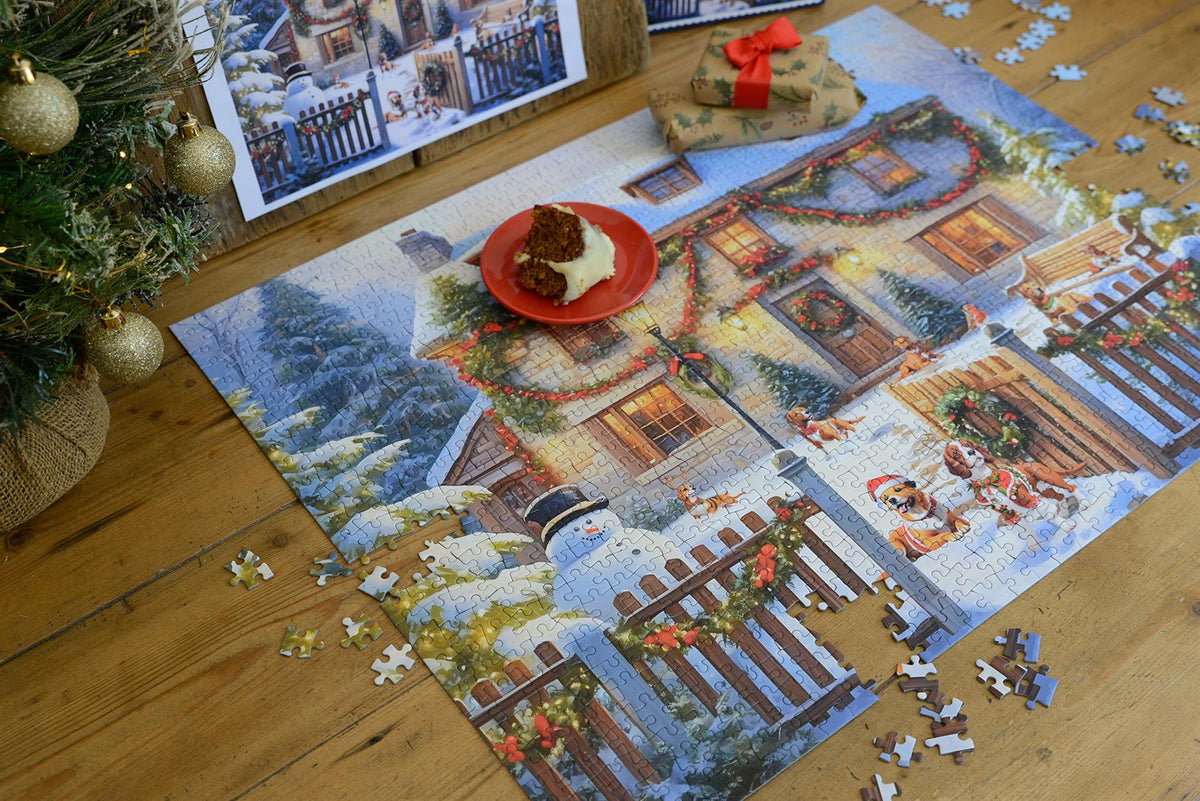 Dogs in a Christmas Cottage Garden 1000 Piece Jigsaw Puzzle – Festive Winter Scene, Family Christmas Activity