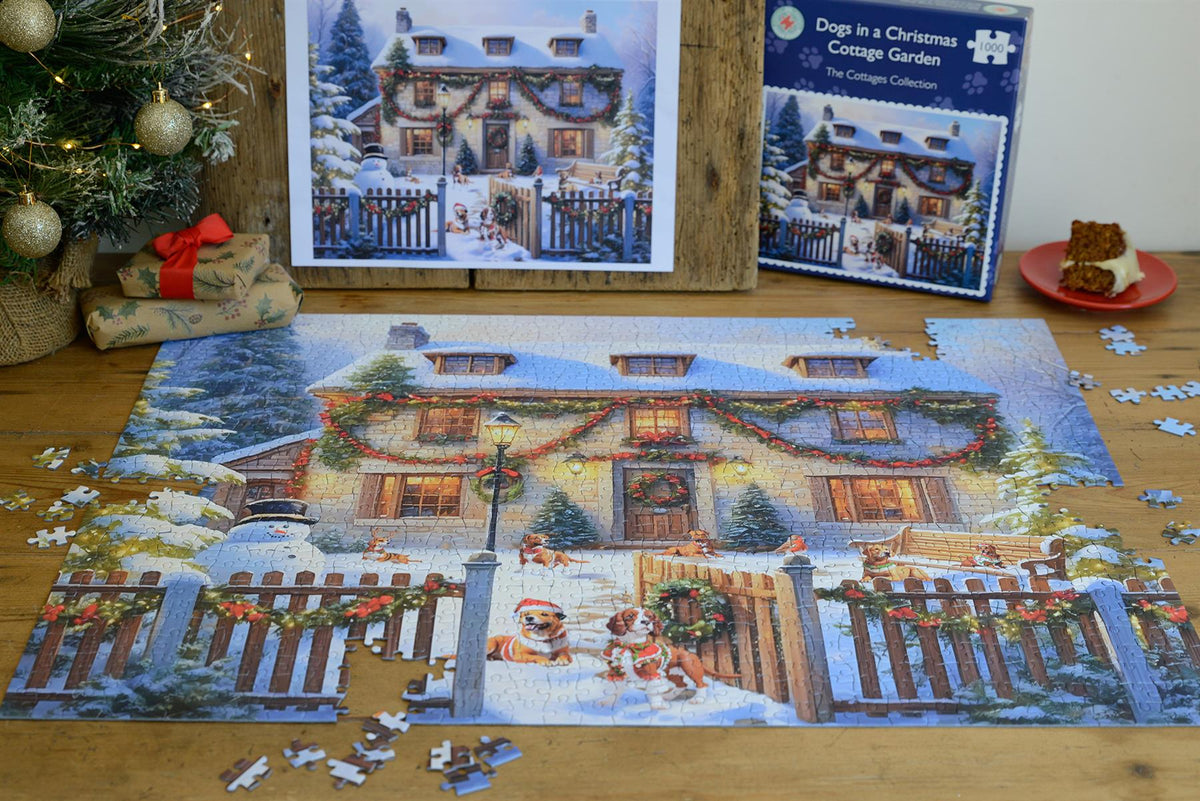 Dogs in a Christmas Cottage Garden 1000 Piece Jigsaw Puzzle – Festive Winter Scene, Family Christmas Activity