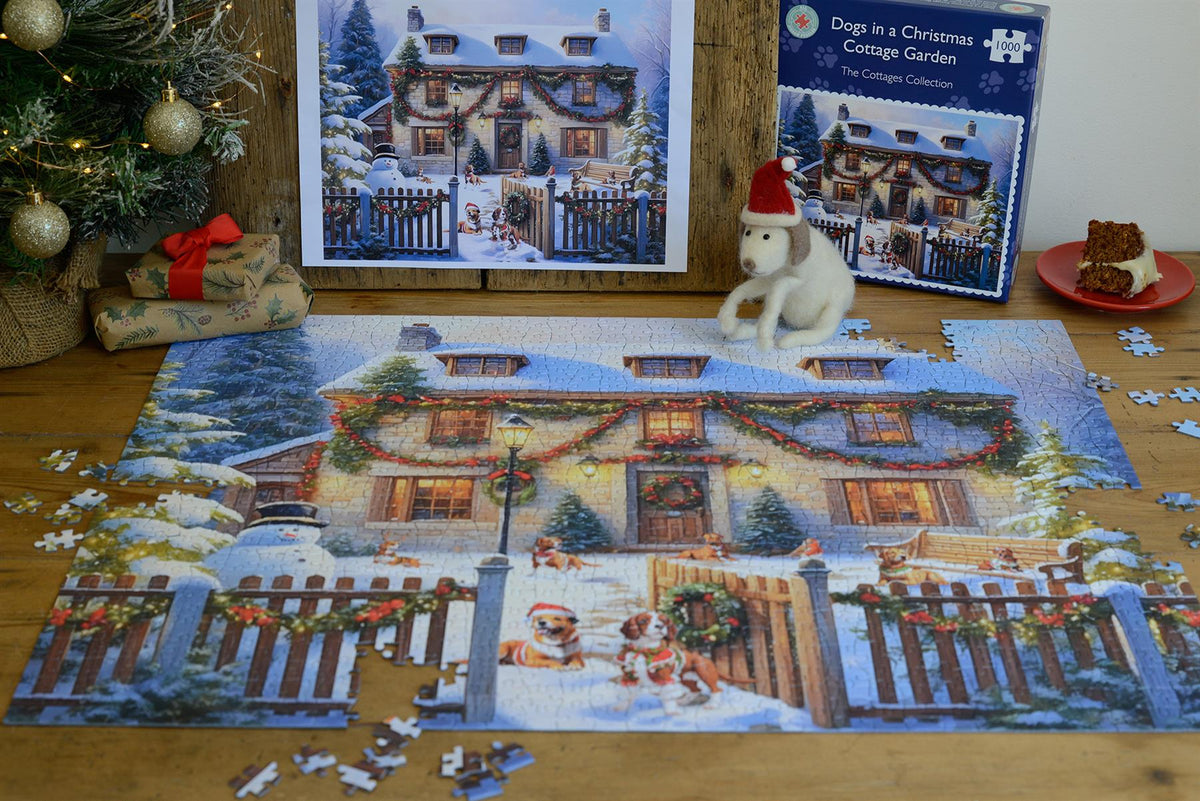 Dogs in a Christmas Cottage Garden 1000 Piece Jigsaw Puzzle – Festive Winter Scene, Family Christmas Activity
