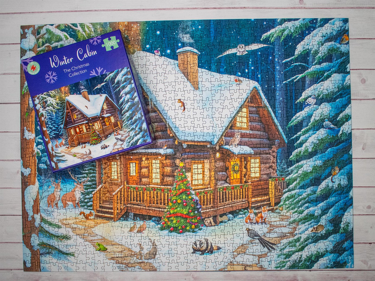 All Jigsaw Puzzles Winter Cabin 1000 Piece Jigsaw Puzzle – Snowy Woodland Scene with Festive Wildlife