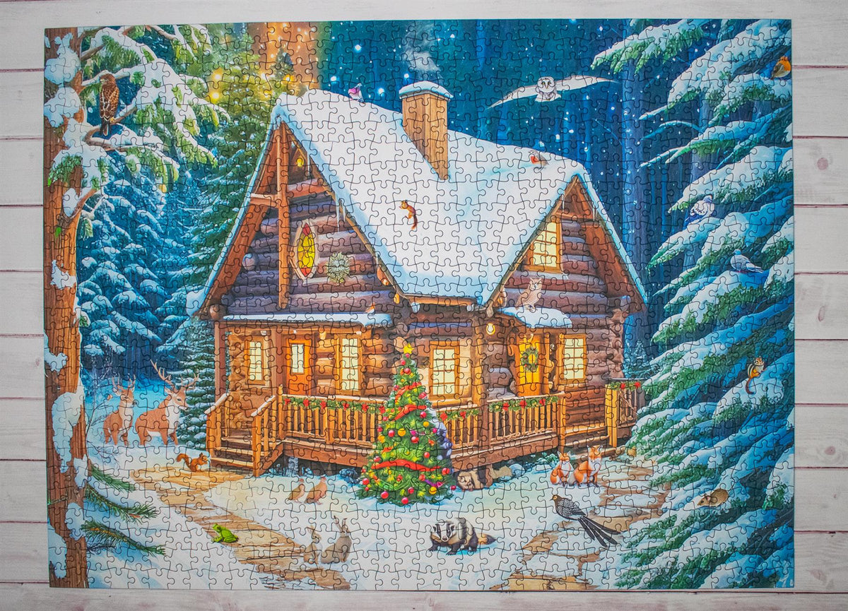 All Jigsaw Puzzles Winter Cabin 1000 Piece Jigsaw Puzzle – Snowy Woodland Scene with Festive Wildlife