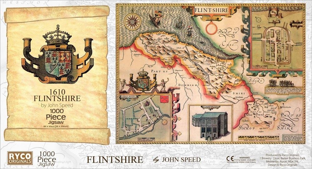 John Speed Flintshire Historical Map 1000 Piece Jigsaw Puzzle (1610) with A3 Guide Print – Antique Map