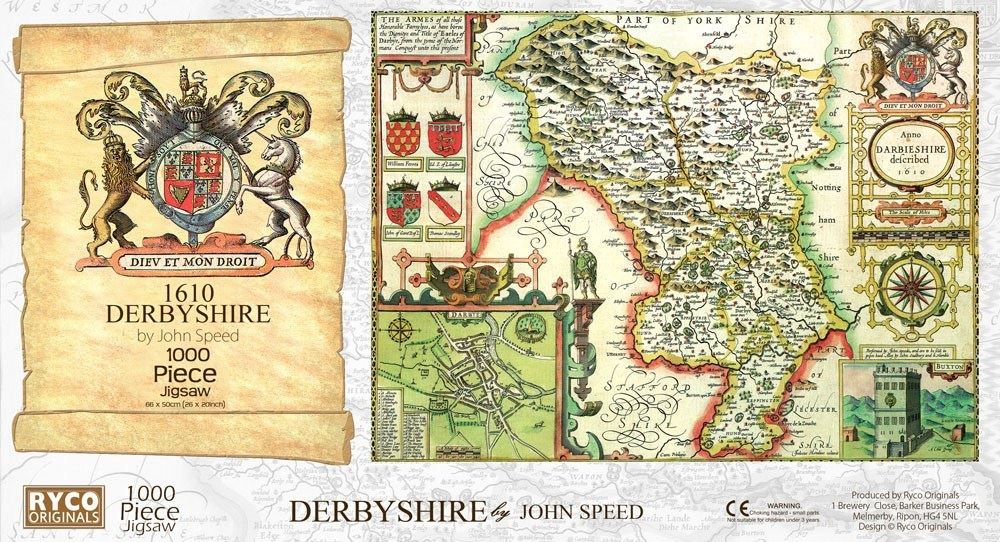 John Speed Derbyshire Historical Map 1000 Piece Jigsaw Puzzle (1610) with A3 Guide Print – Antique Map