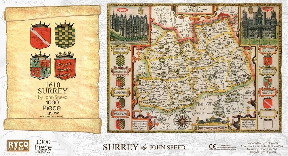 John Speed Surrey Historical Map 1000 Piece Jigsaw Puzzle with Free A3 Print – 1610 Atlas County Map