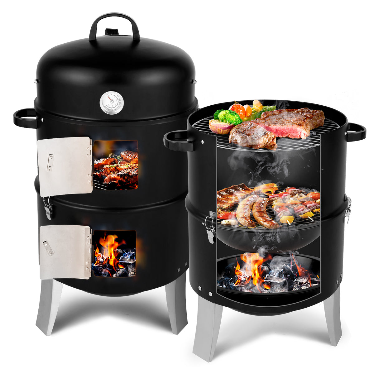 Vertical Steel Charcoal Smoker – Heavy-Duty Double-Layer Round BBQ Grill for Outdoor Cooking, Black