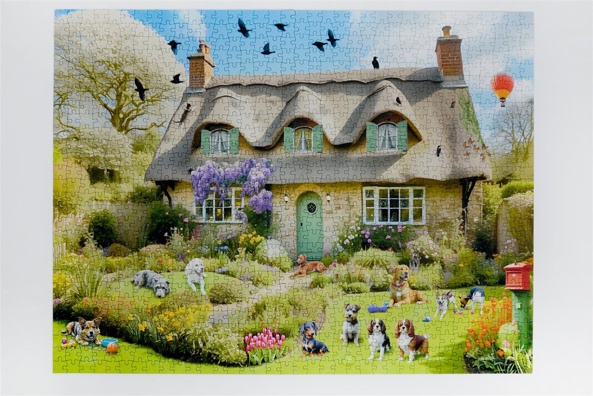 Dogs in a Spring Cottage Garden 1000 Piece Jigsaw Puzzle – Colourful Floral Dog Breeds Puzzle