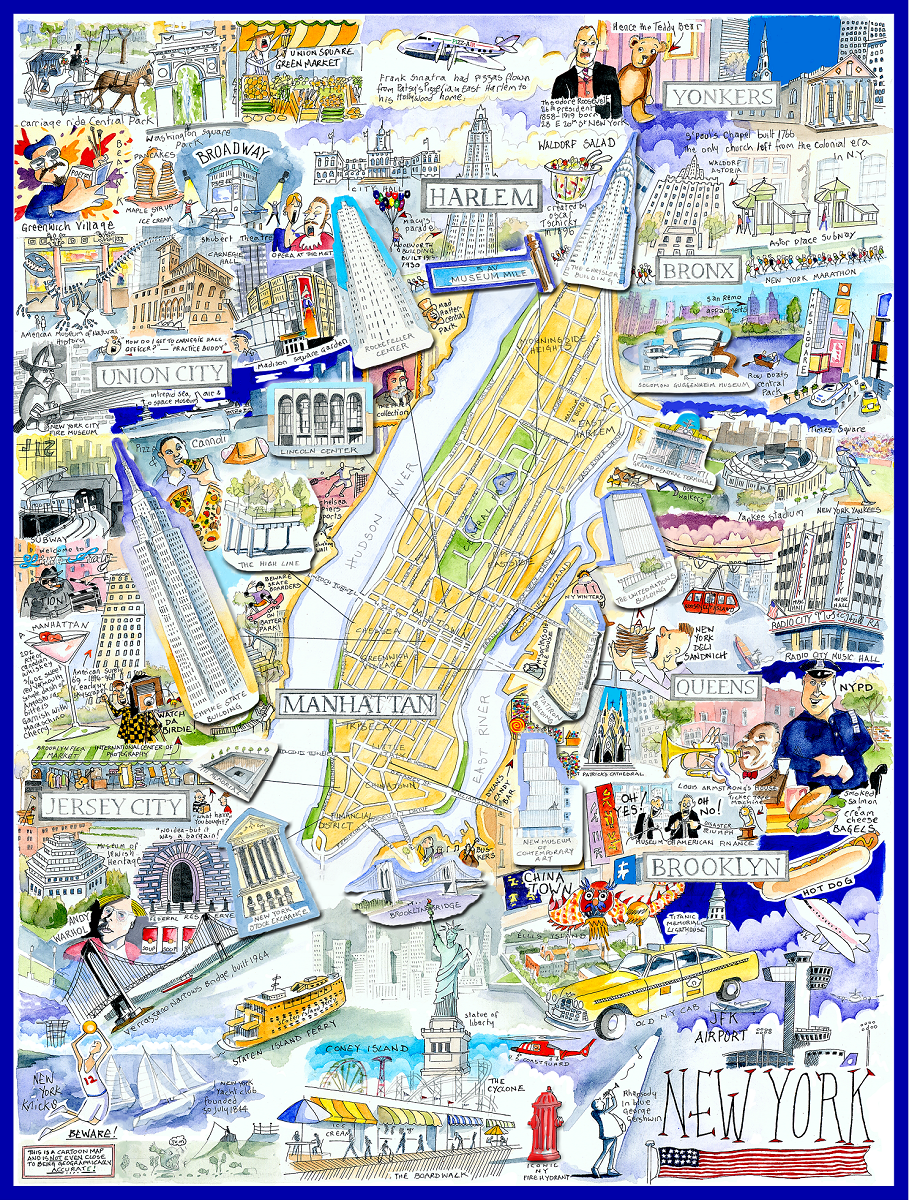 Tim Bulmer Map of New York City 1000 Piece Jigsaw Puzzle – Whimsical Illustrated Cartoon Map