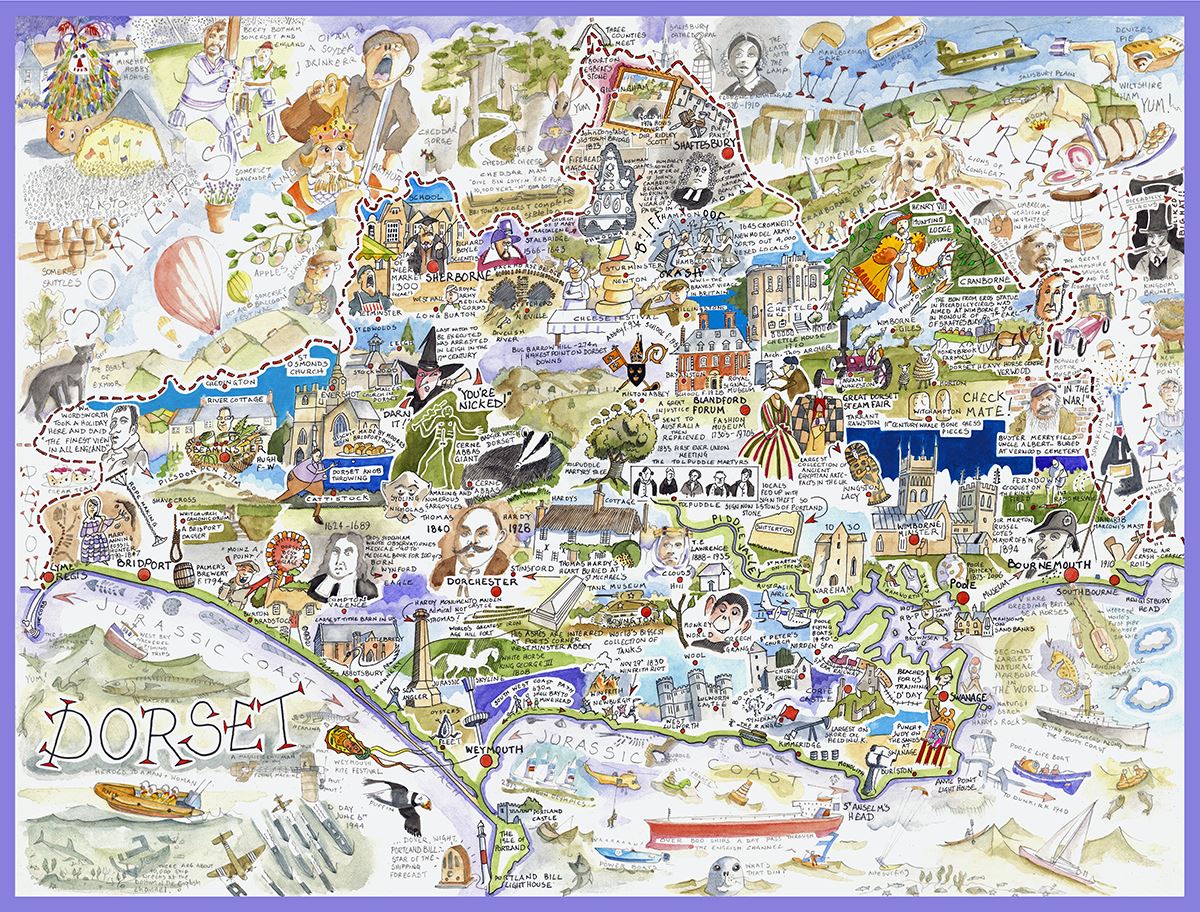 Tim Bulmer Dorset Map 1000 Piece Jigsaw Puzzle – Jurassic Coast and Monkey World Illustration, 66 x 50cm