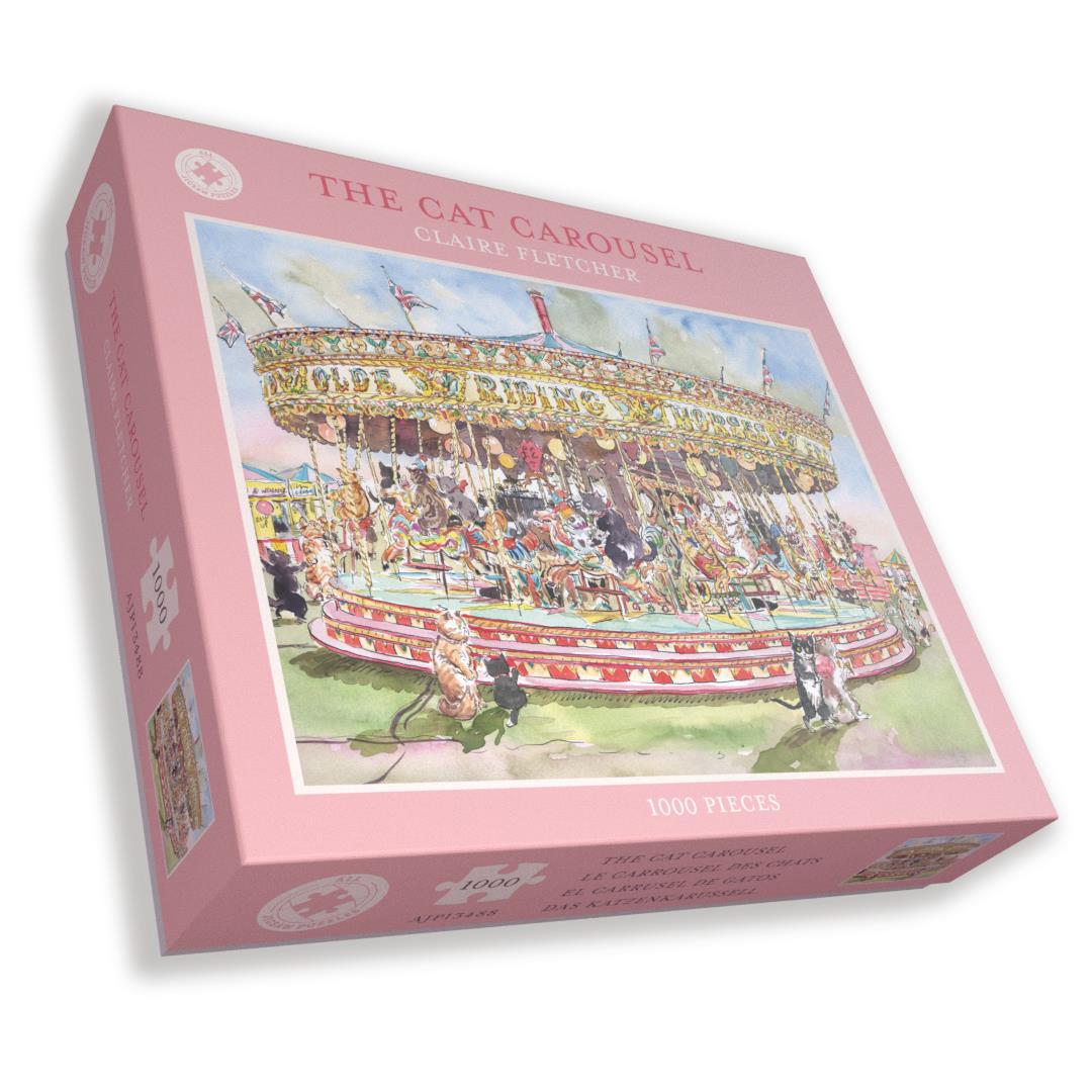 The Cat Carousel 1000 Piece Jigsaw Puzzle by Claire Fletcher – Fairground Cat Artwork, 66 x 50cm