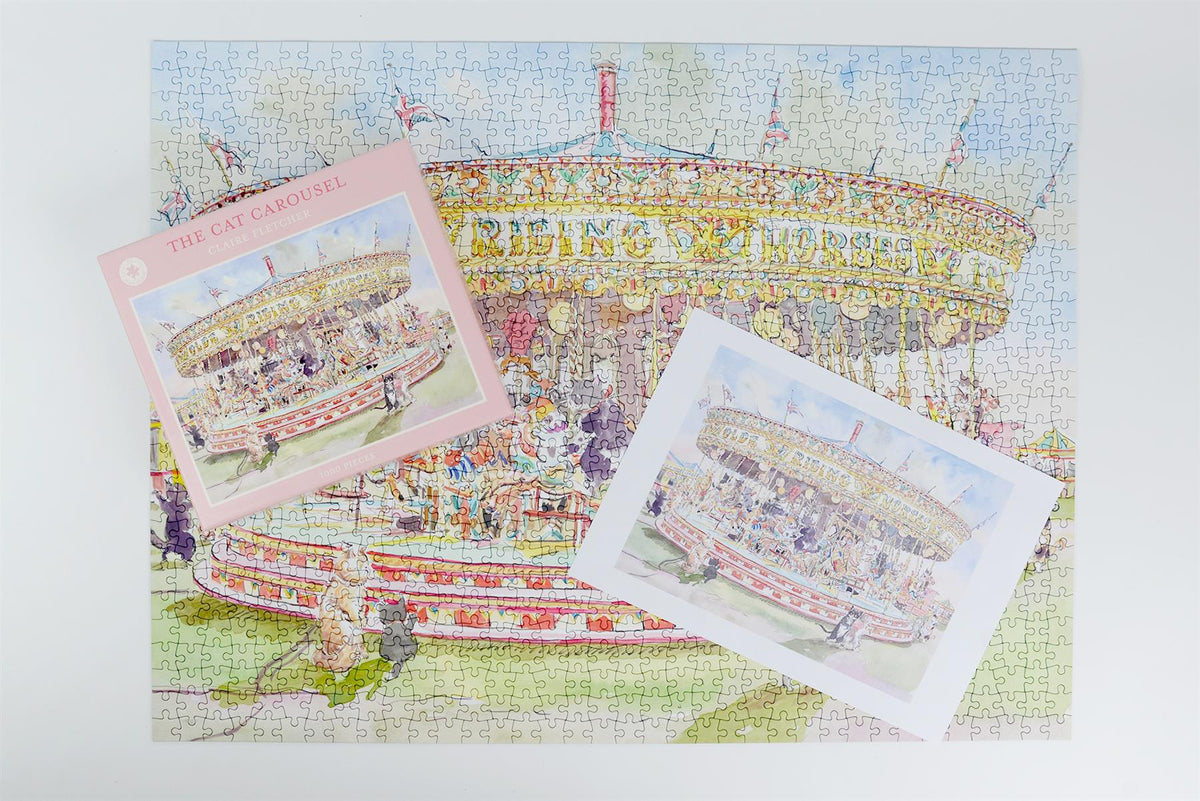 The Cat Carousel 1000 Piece Jigsaw Puzzle by Claire Fletcher – Fairground Cat Artwork, 66 x 50cm